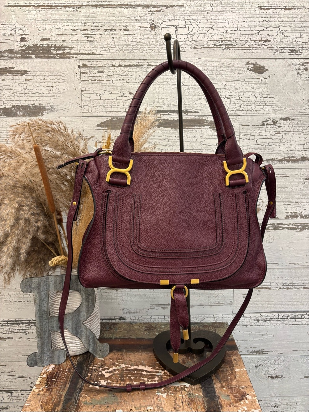 Chloe NWT POP Marcie Satchel Crossbody in Deep Burgundy with Gold Hardware